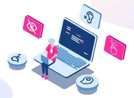 Illustration d'une personne travaillant sur un ordinateur portable assise sur un ordi avec des pictos d'accessibilité autour d'elle