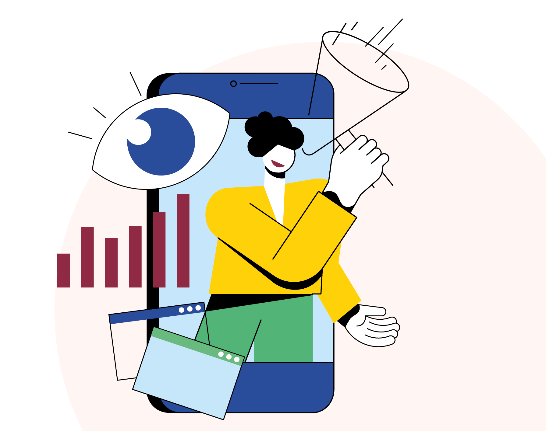 Illustration des 10 ans de la fondation. Un personnage traversant un écran de téléphone et tient un mégaphone. Sur sa gauche sont représentés un gros œil et des fichiers informatiques.