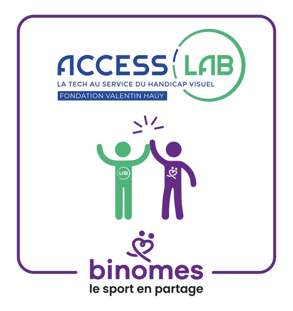 Visuel du partenariat entre Access'Lab et l'association Binômes montrant deux personnages, l'un logotypé Access'Lab et l'autre logotypé Binômes, levant leurs deux mains liées en signe de victoire.